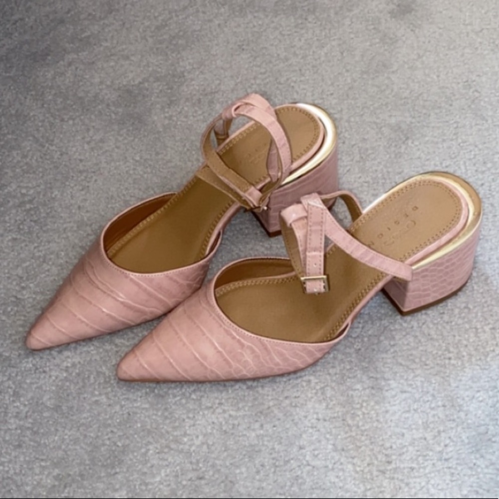 Pink leather block heel sandals with ankle straps